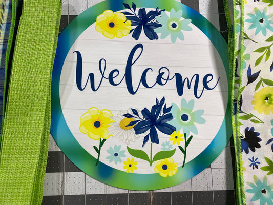 Summer Floral welcome sign and ribbon kit, Blue and Yellow sign & ribbon kit, craft supplies for wreath, Wreath sign with matching ribbon