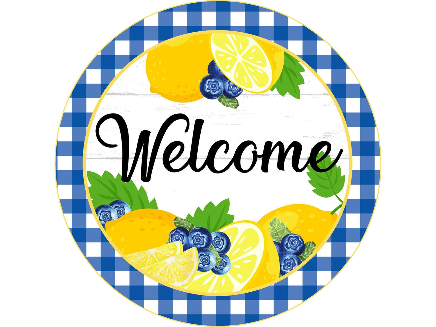 Summer Lemon and Blueberry Welcome Wreath Sign, Lemon Kitchen sign, lemon wreath center, wreath attachment, tiered tray lemon decor