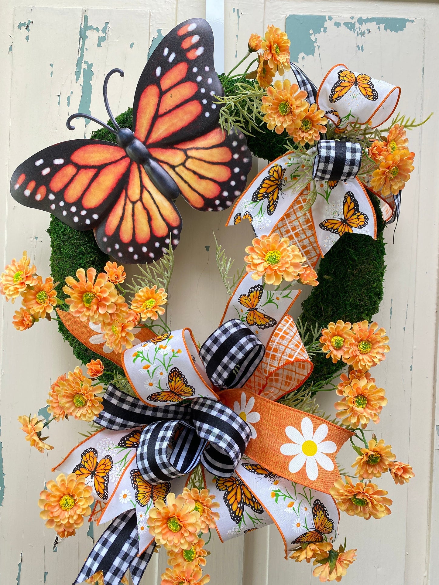 Summer Butterfly Wreath for Front Door, Monarch Butterfly Mother's Day Gift, Floral Moss Wreath for Spring Summer, Handmade gift for Mother