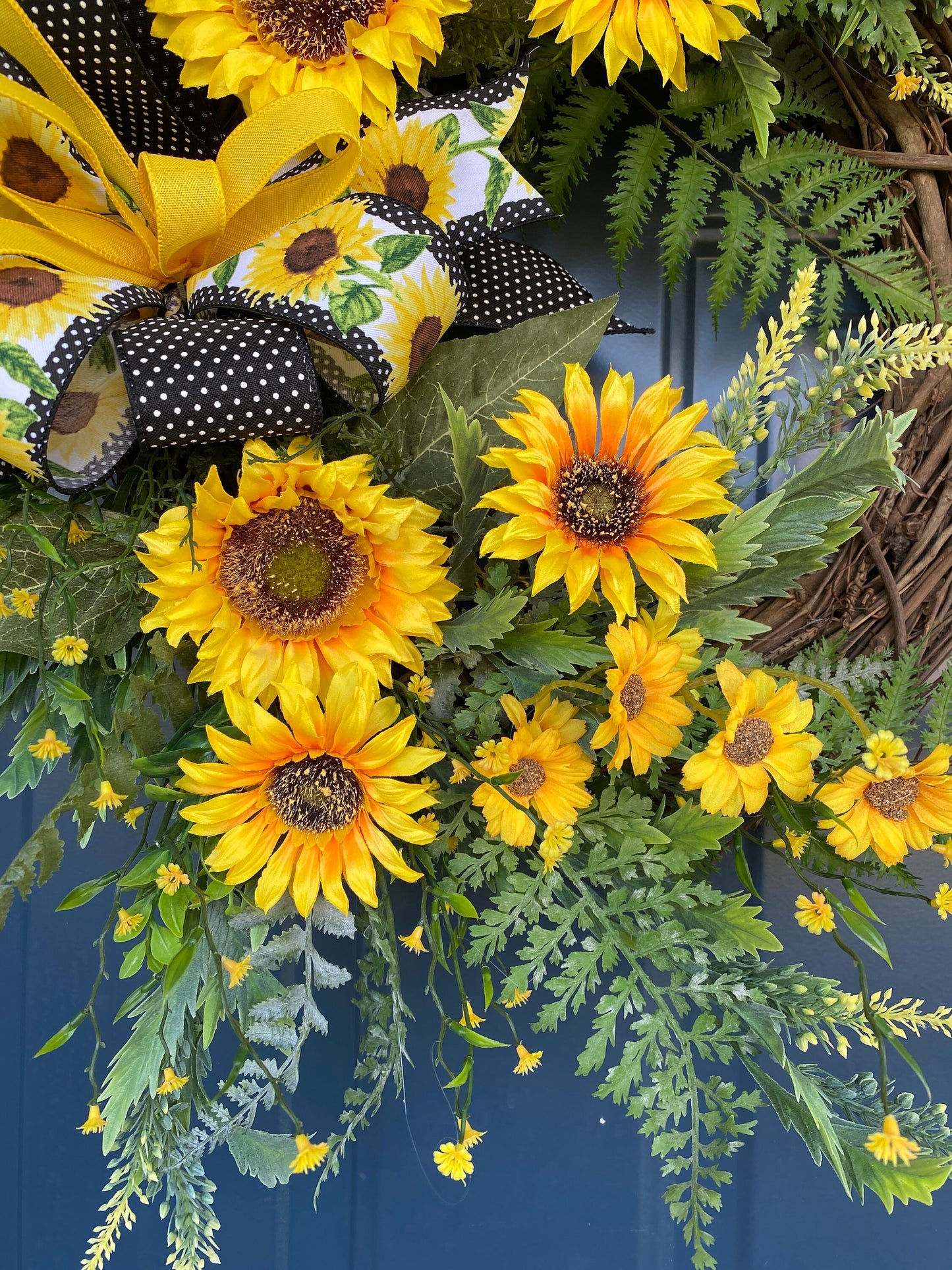 Yellow Summer Sunflower and Wildflower Wreath, Sunflower Porch Decor, Grapevine Door Hanger for Front Door, Mother's Day Gift idea