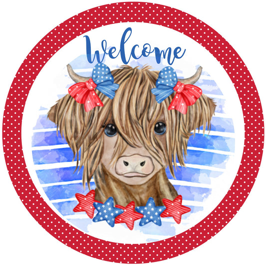 Highland Cow Patriotic sign for wreath, 4th of July Summer Wreath attachment, Farmhouse cow decoration, farm life decor, summer wreath sign