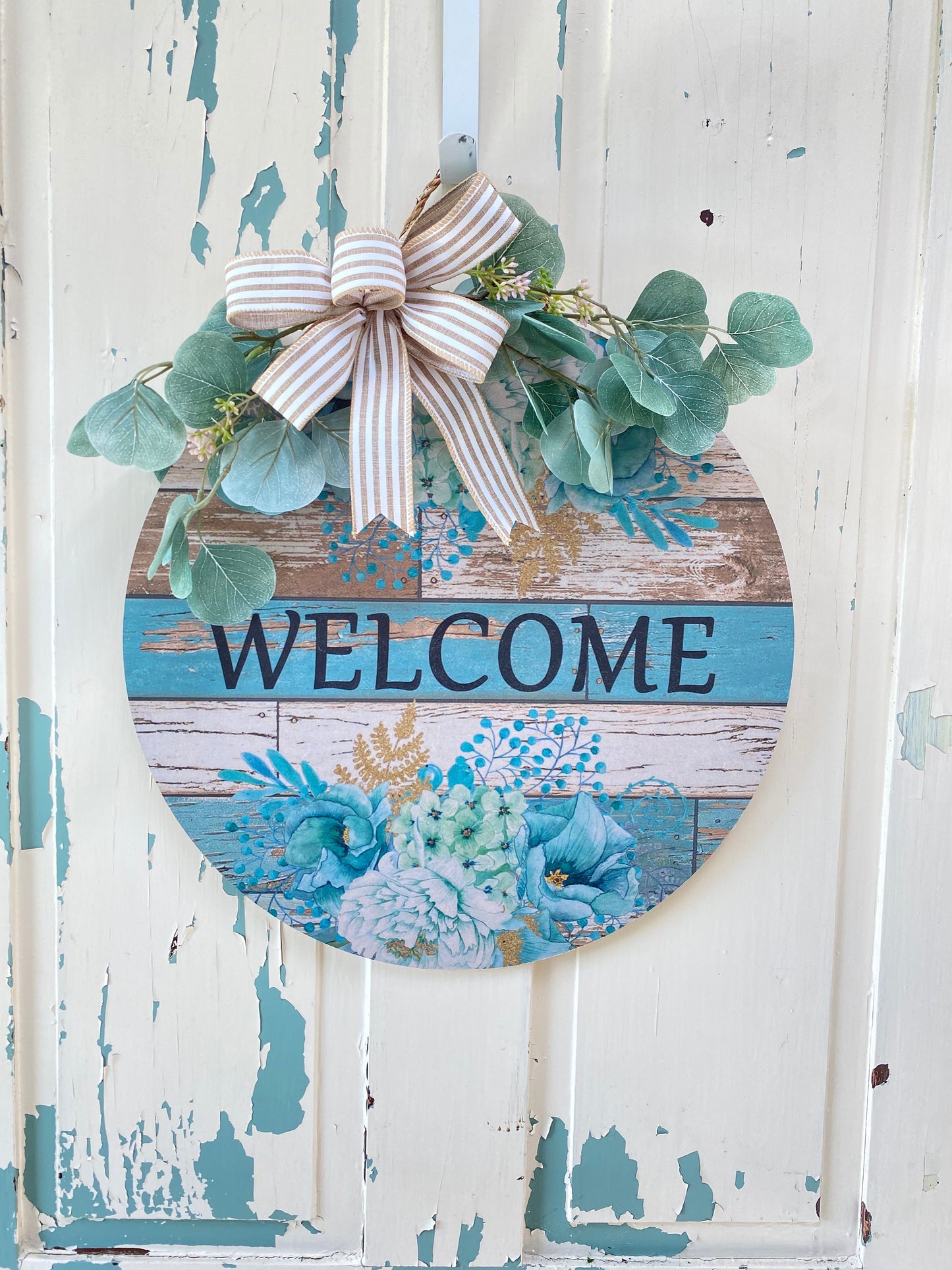 Blue Floral Welcome Front Door Hanger, Porch Sign, Welcome Sign, Wood Door Sign, Front Door Sign, Year Round Wreath, Blue Door Decor