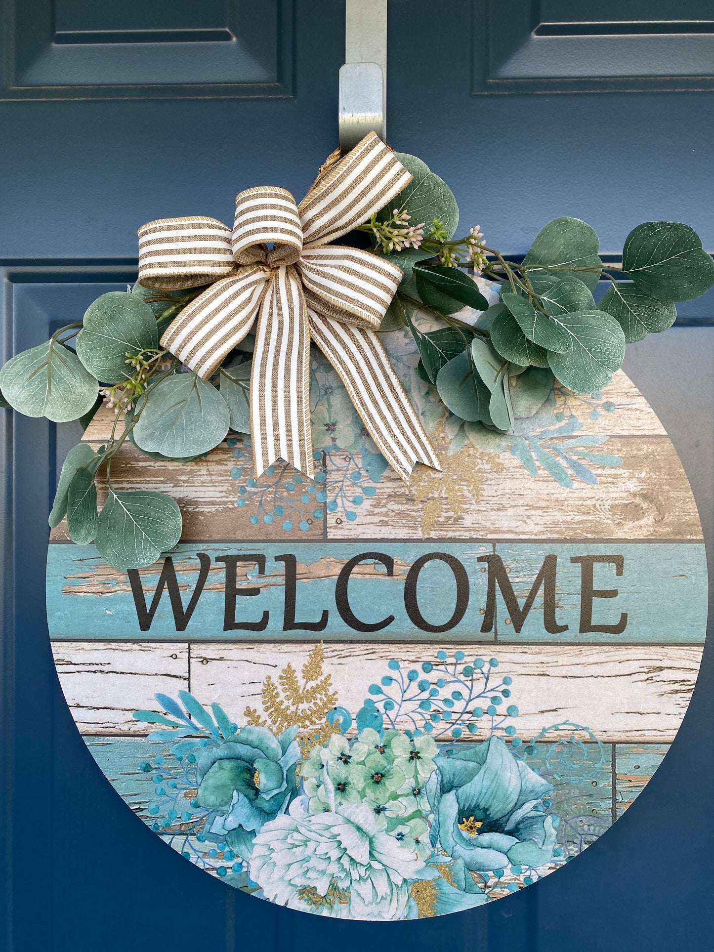 Blue Floral Welcome Front Door Hanger, Porch Sign, Welcome Sign, Wood Door Sign, Front Door Sign, Year Round Wreath, Blue Door Decor