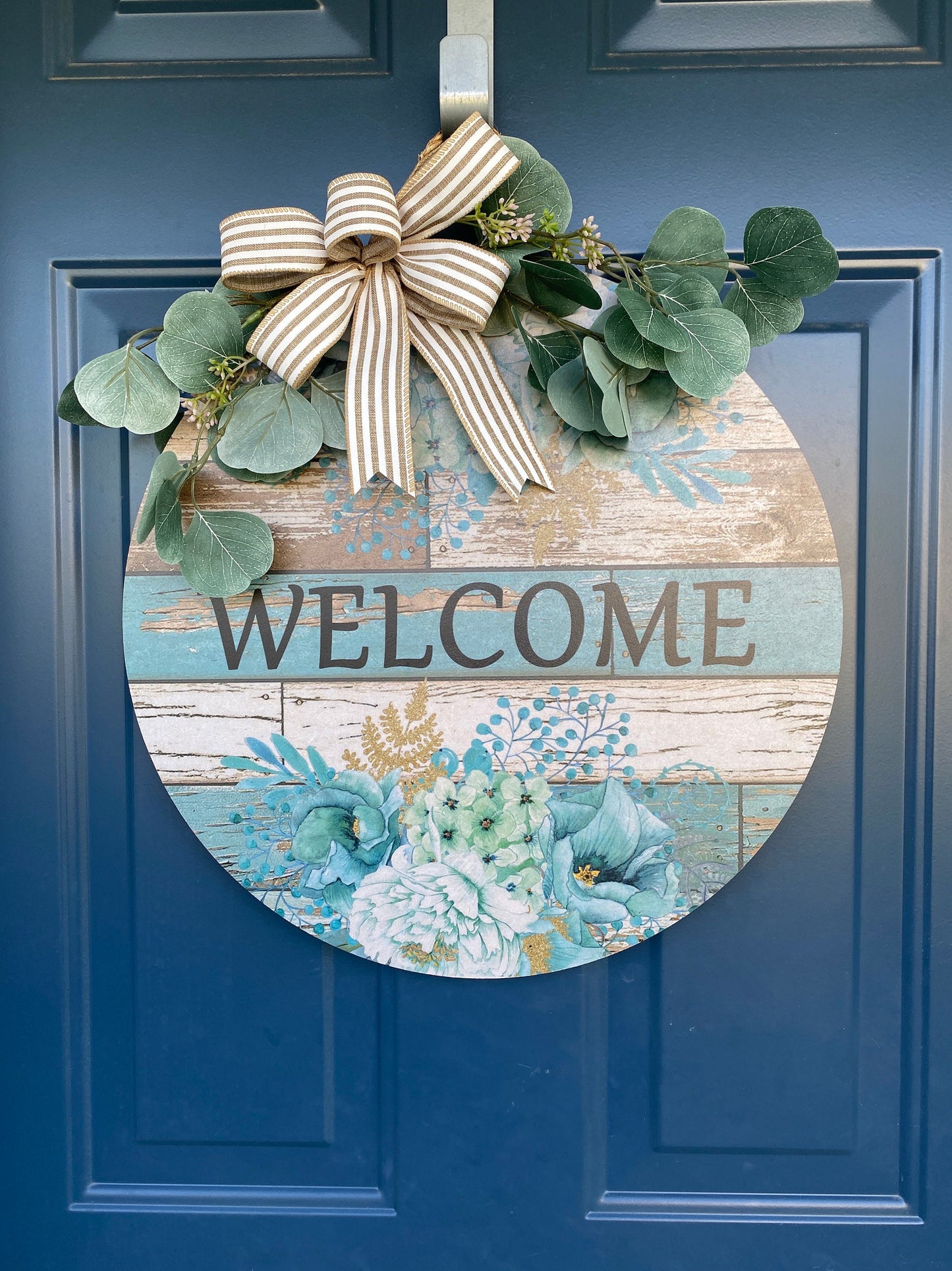 Blue Floral Welcome Front Door Hanger, Porch Sign, Welcome Sign, Wood Door Sign, Front Door Sign, Year Round Wreath, Blue Door Decor