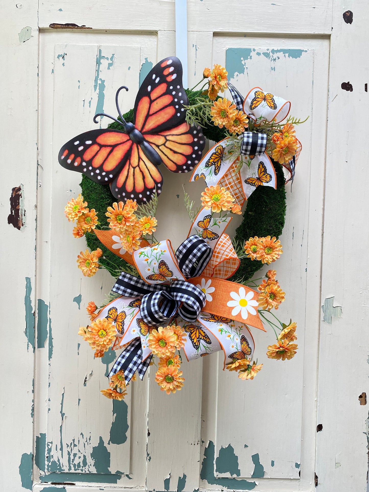 Summer Butterfly Wreath for Front Door, Monarch Butterfly Mother's Day Gift, Floral Moss Wreath for Spring Summer, Handmade gift for Mother