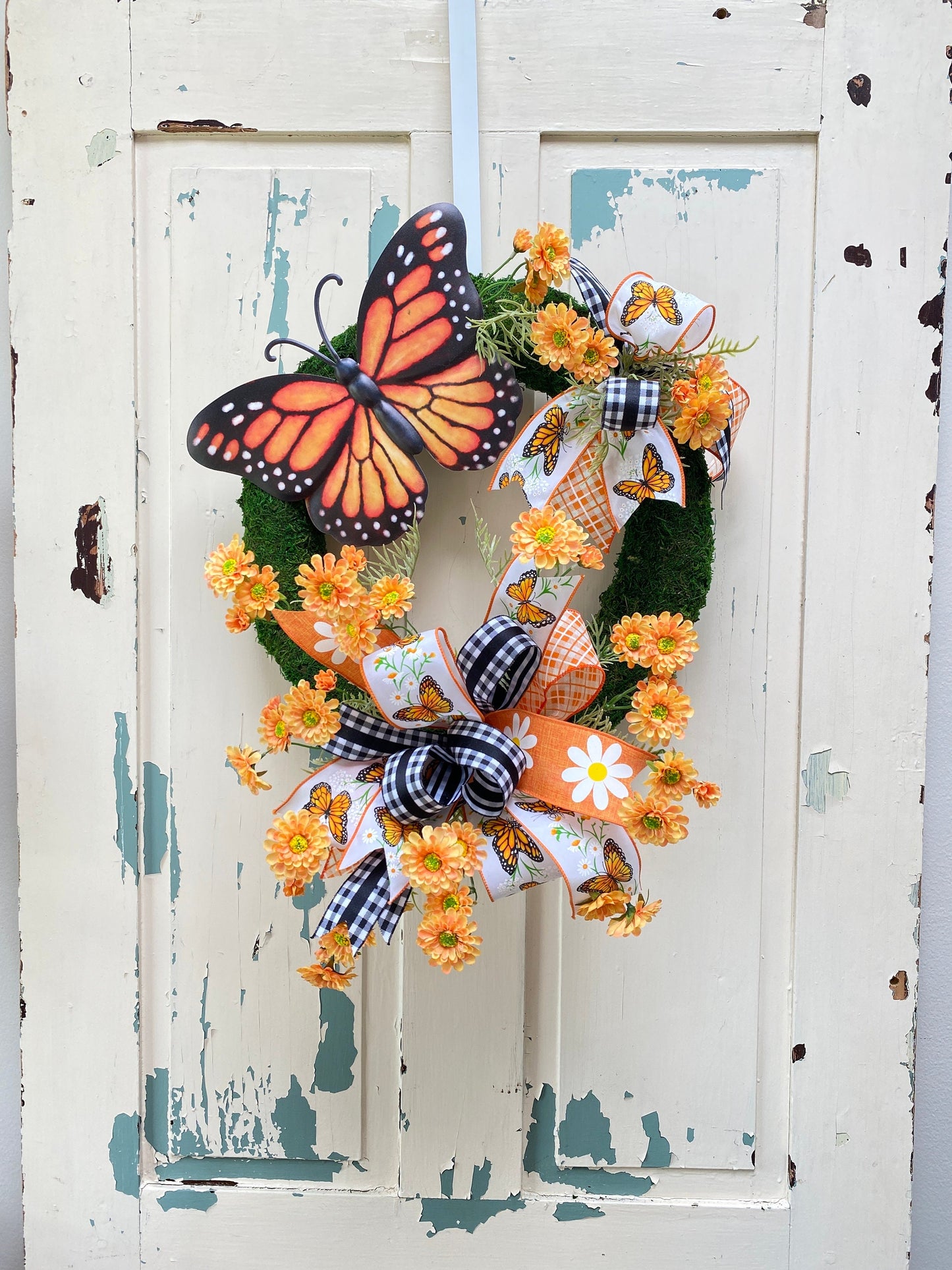 Summer Butterfly Wreath for Front Door, Monarch Butterfly Mother's Day Gift, Floral Moss Wreath for Spring Summer, Handmade gift for Mother
