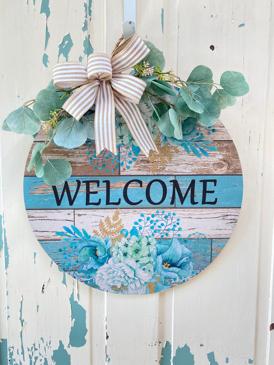 Blue Floral Welcome Front Door Hanger, Porch Sign, Welcome Sign, Wood Door Sign, Front Door Sign, Year Round Wreath, Blue Door Decor