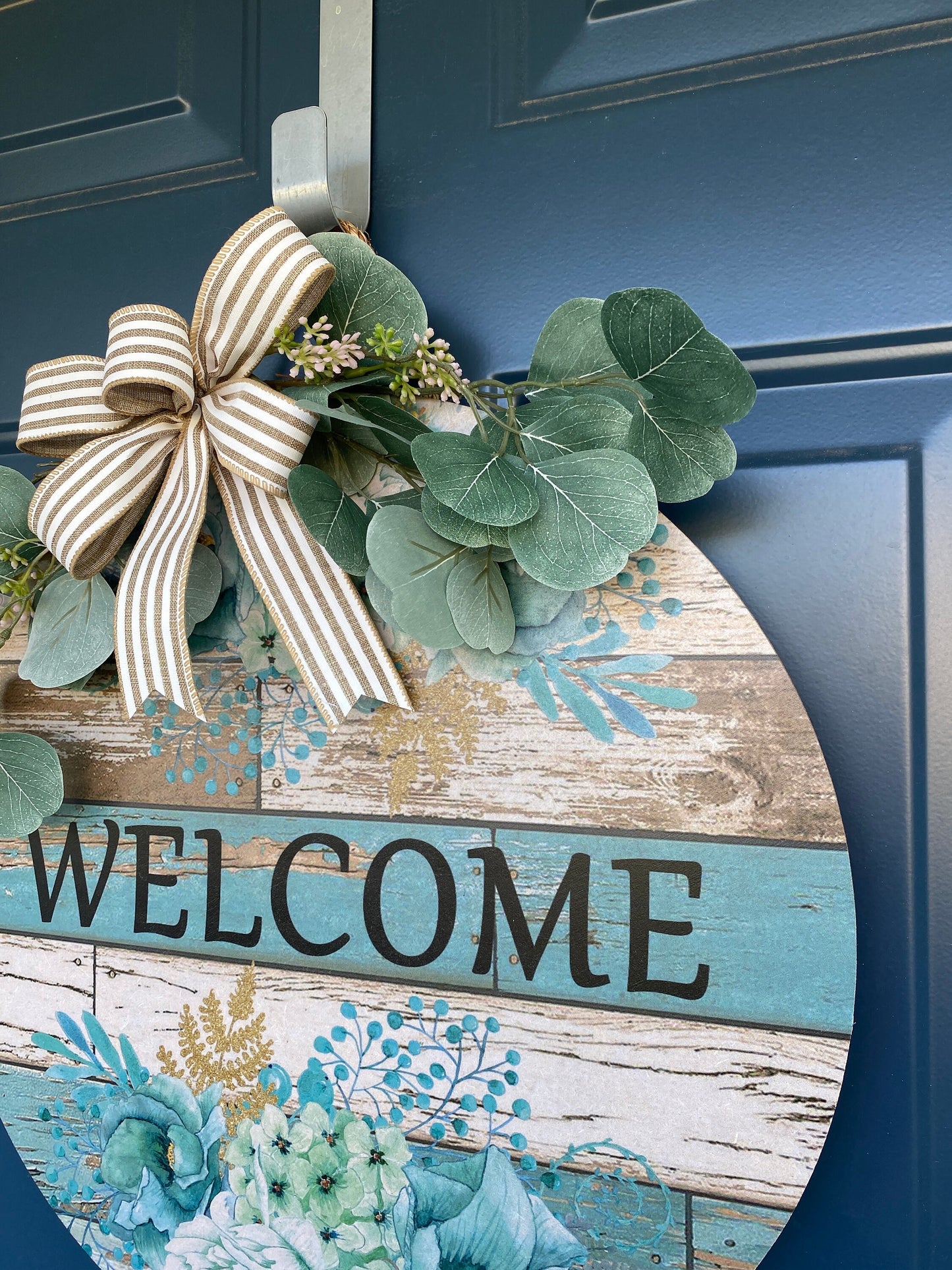 Blue Floral Welcome Front Door Hanger, Porch Sign, Welcome Sign, Wood Door Sign, Front Door Sign, Year Round Wreath, Blue Door Decor