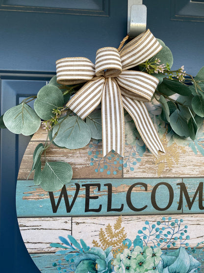 Blue Floral Welcome Front Door Hanger, Porch Sign, Welcome Sign, Wood Door Sign, Front Door Sign, Year Round Wreath, Blue Door Decor