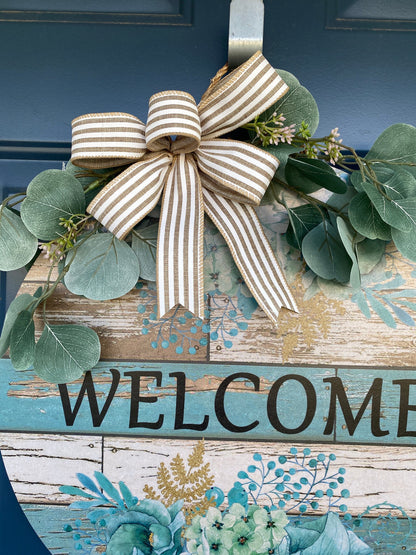 Blue Floral Welcome Front Door Hanger, Porch Sign, Welcome Sign, Wood Door Sign, Front Door Sign, Year Round Wreath, Blue Door Decor