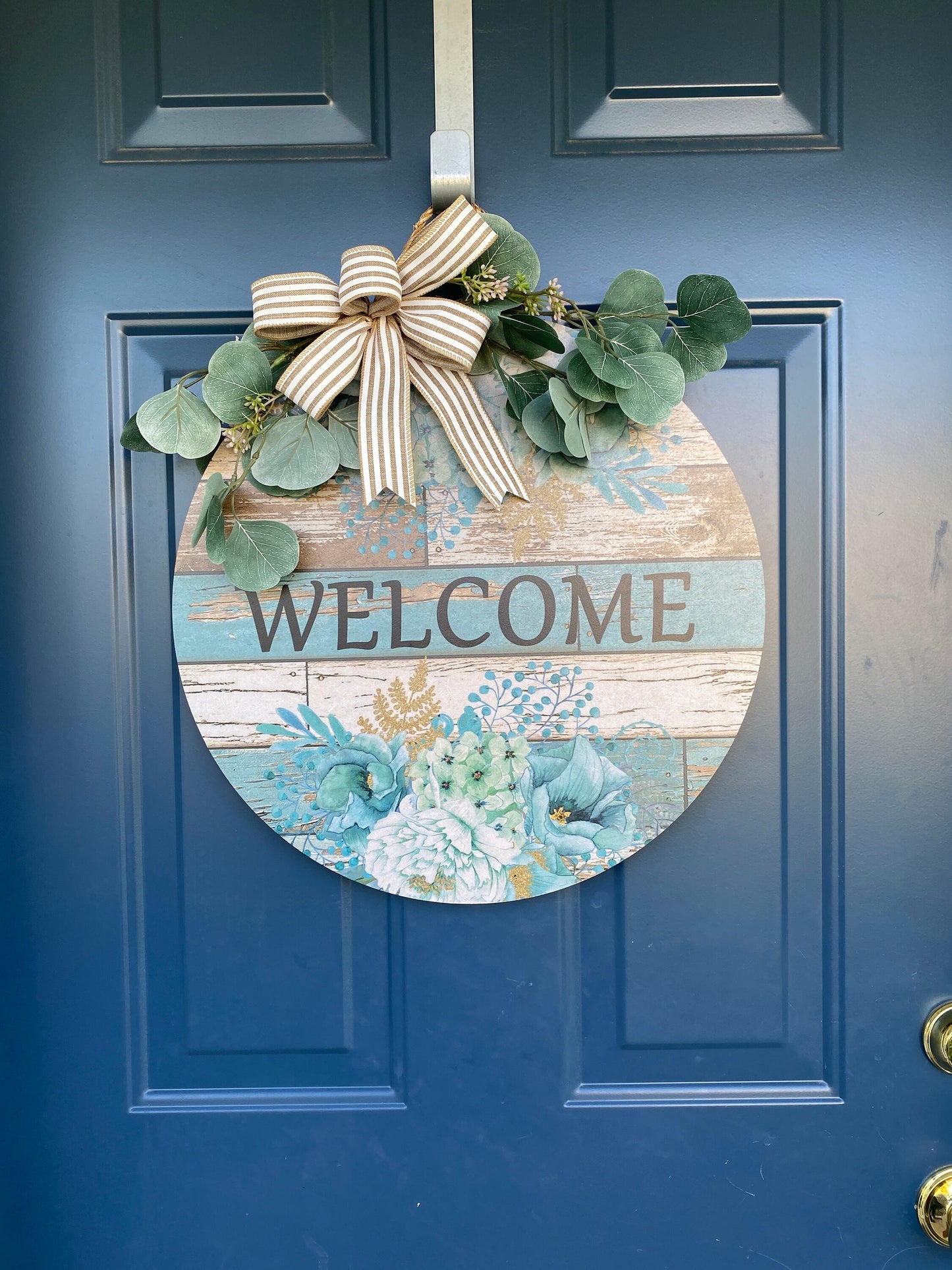 Blue Floral Welcome Front Door Hanger, Porch Sign, Welcome Sign, Wood Door Sign, Front Door Sign, Year Round Wreath, Blue Door Decor