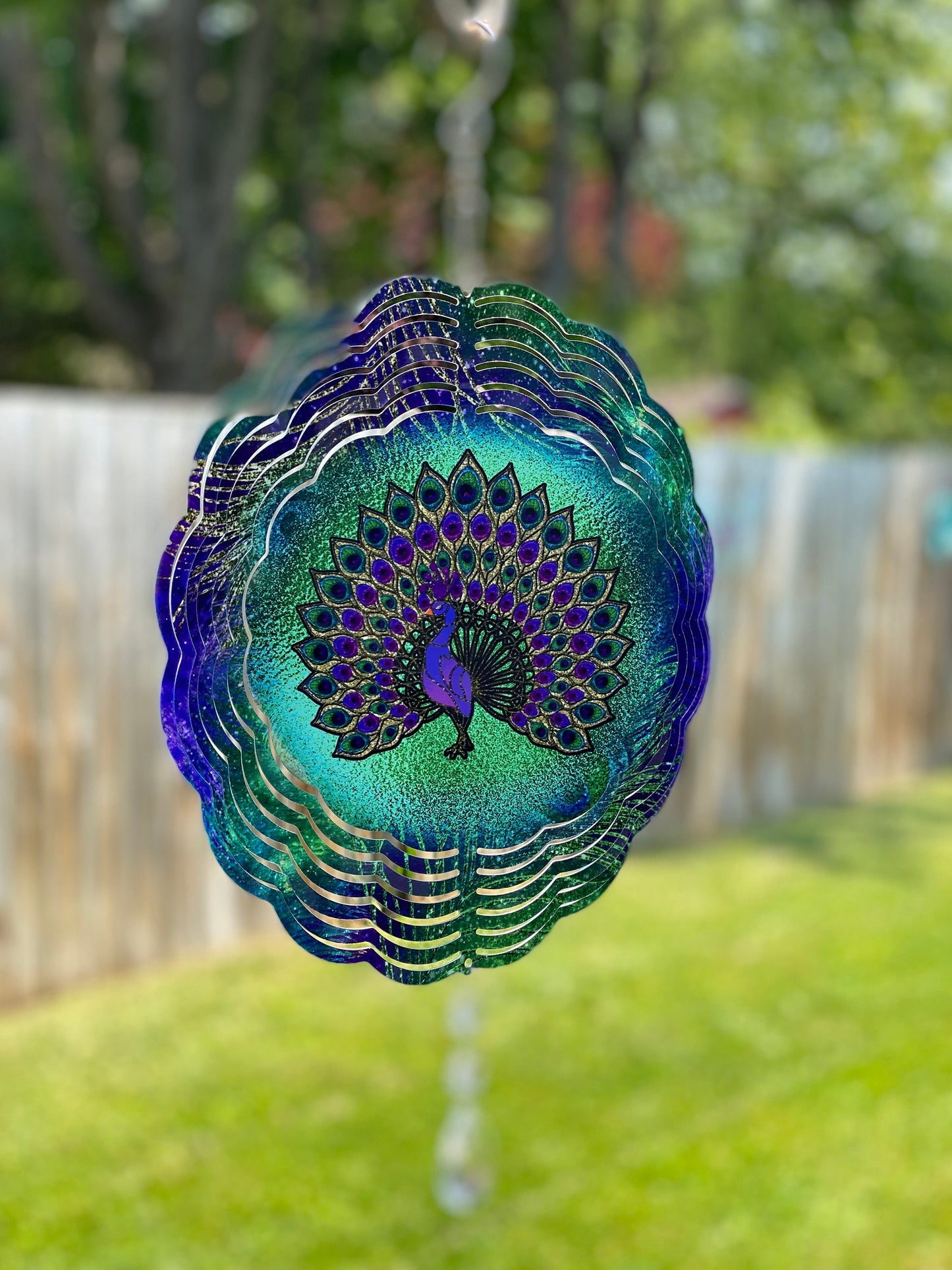 Peacock Outdoor Wind Spinner, Hanging Stained Glass Look Peacock Metal Wind Spinner, Garden Lover Gifts, Yard Art Peacock Sun Catcher