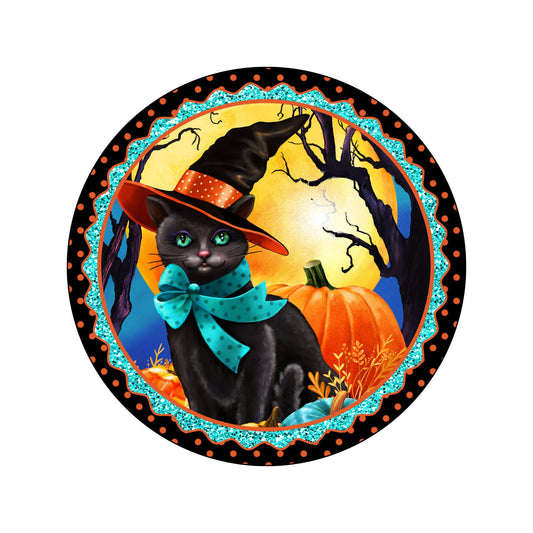 Black Cat Halloween wreath sign, Cat in witch hat pumpkin Halloween sign, cat lover Halloween gift, pick your size circle wreath attachment