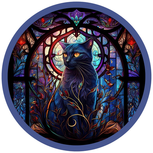 Faux stained glass Black Cat Halloween wreath sign, Black Gothic Cat sign, cat lover Halloween gift, pick your size circle wreath attachment