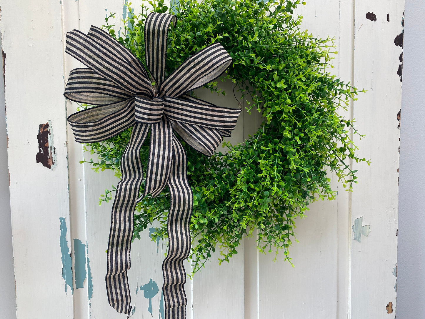 Farmhouse Stripe Everyday Wreath Bow, Summer Lantern Bow, Porch Light Bow, Mailbox Bow, Summer Deck Party Bow, gift basket bow