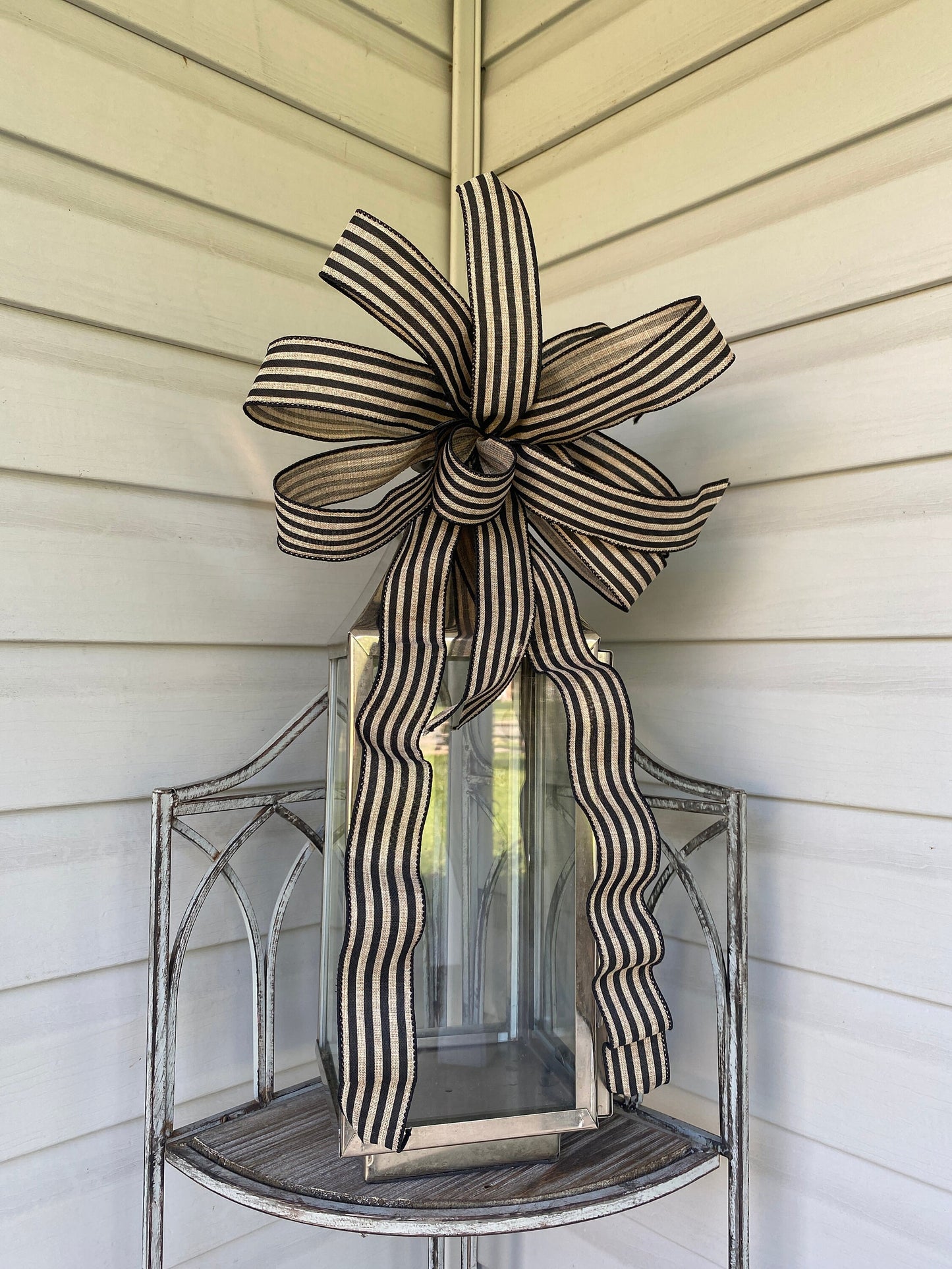 Farmhouse Stripe Everyday Wreath Bow, Summer Lantern Bow, Porch Light Bow, Mailbox Bow, Summer Deck Party Bow, gift basket bow