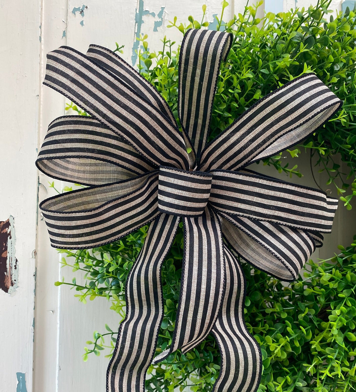 Farmhouse Stripe Everyday Wreath Bow, Summer Lantern Bow, Porch Light Bow, Mailbox Bow, Summer Deck Party Bow, gift basket bow