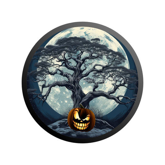 Haunted Tree Jock-O-Lantern halloween wreath sign, round halloween wreath attachment, Spooky Forest Tree Silhouette metal sign
