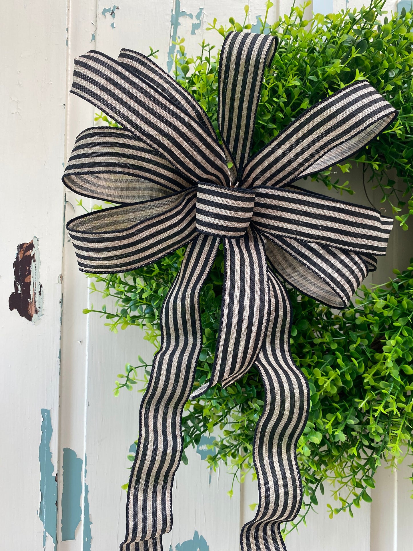 Farmhouse Stripe Everyday Wreath Bow, Summer Lantern Bow, Porch Light Bow, Mailbox Bow, Summer Deck Party Bow, gift basket bow