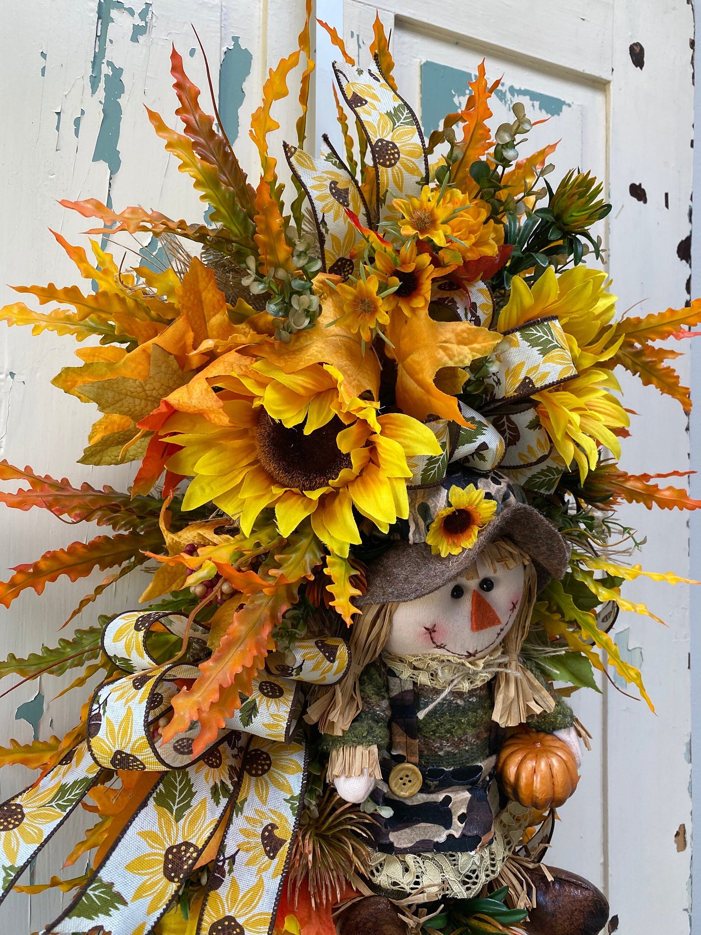 Fall Swag Wreath with Sunflowers and Scarecrow, Vibrant Autumn Colored Door Swag, Golden Thanksgiving Home Wall Decoration