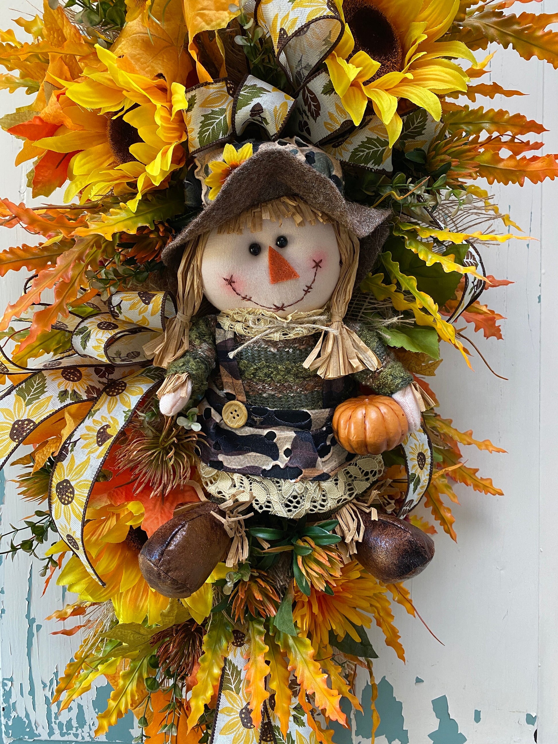 Fall Swag Wreath with Sunflowers and Scarecrow, Vibrant Autumn Colored Door Swag, Golden Thanksgiving Home Wall Decoration