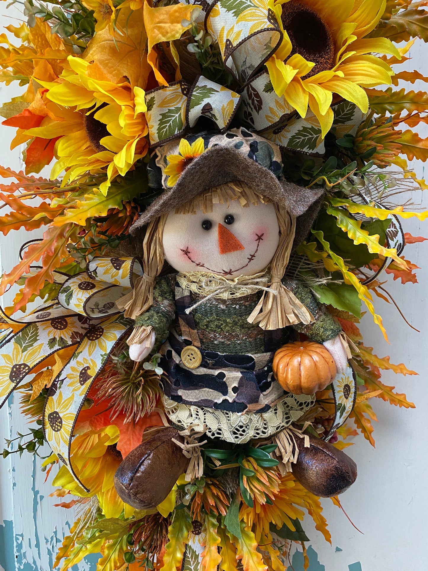 Fall Swag Wreath with Sunflowers and Scarecrow, Vibrant Autumn Colored Door Swag, Golden Thanksgiving Home Wall Decoration