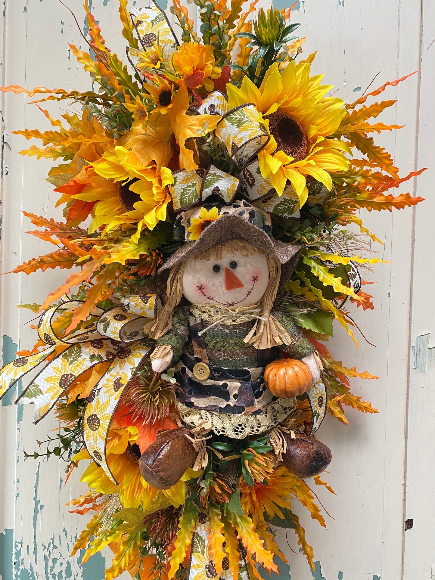 Fall Swag Wreath with Sunflowers and Scarecrow, Vibrant Autumn Colored Door Swag, Golden Thanksgiving Home Wall Decoration