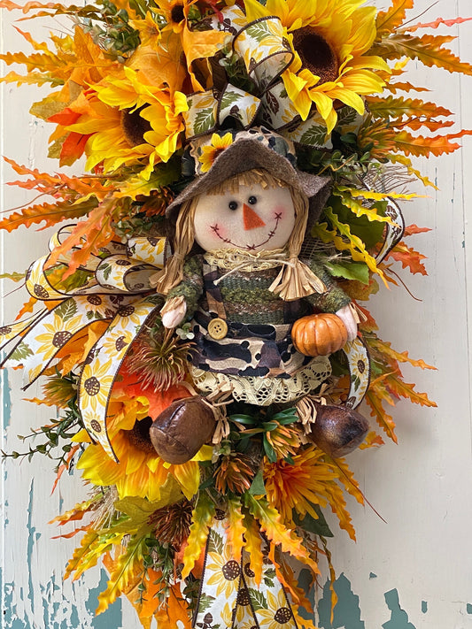 Fall Swag Wreath with Sunflowers and Scarecrow, Vibrant Autumn Colored Door Swag, Golden Thanksgiving Home Wall Decoration