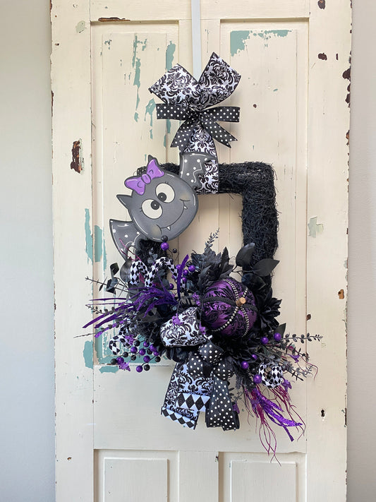 Cute Bat Halloween Wreath, Black and White Moss Wreath, Purple Pumpkin with Baby Bat Wreath for Halloween Party