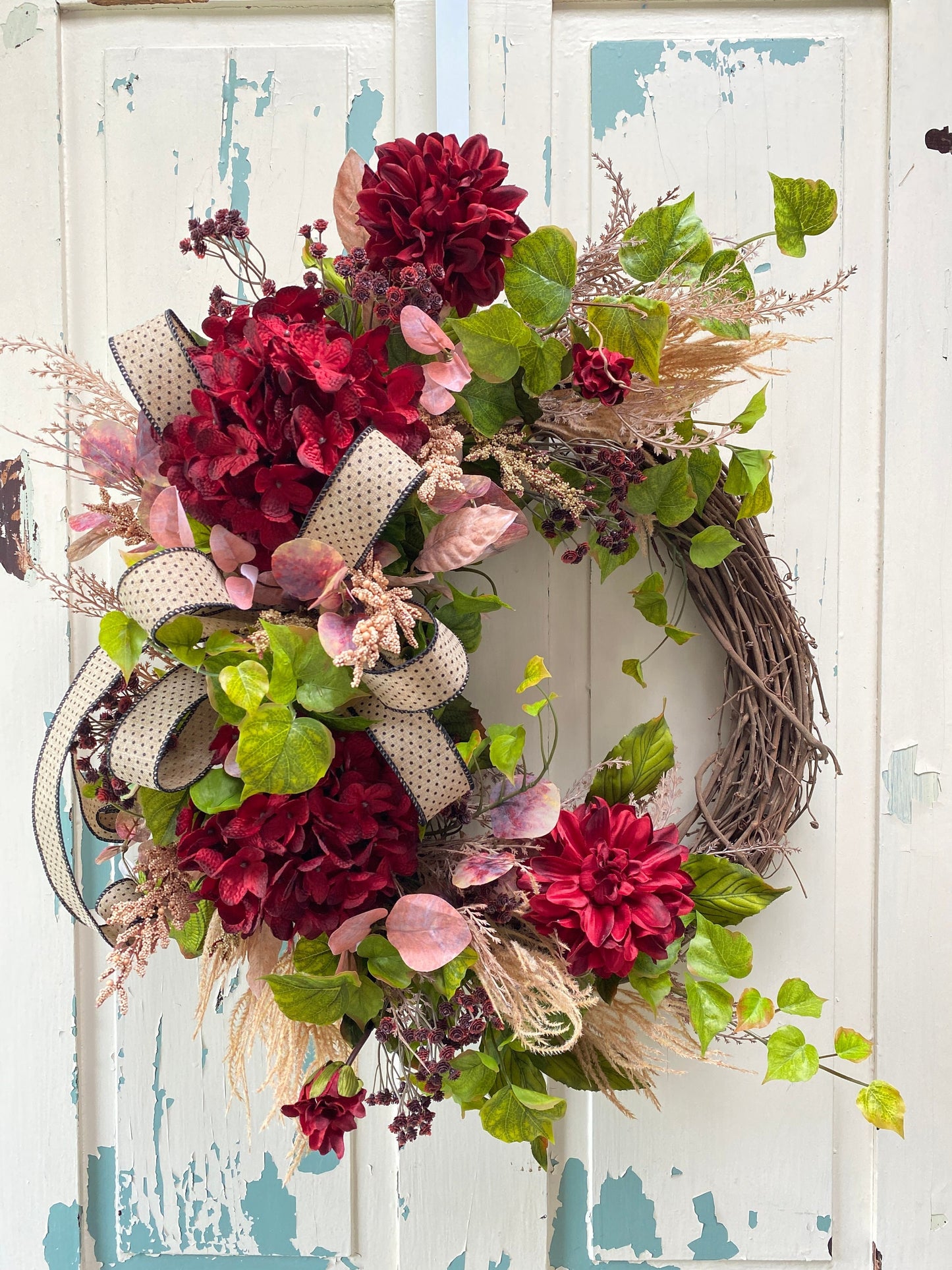 Burgundy Hydrangea and Dahlia Fall Wreath, Faux Floral Wreath for Front Door, Autumn Door Wreath, Thanksgiving Floral Grapevine Wreath