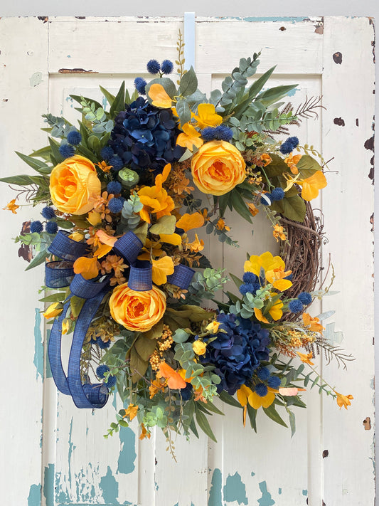 Fall Floral Wreath with Navy Blue and Golden Autumn Colors for Front Door, Navy Blue Hygrangea Wreath for Michigan Sports Lover