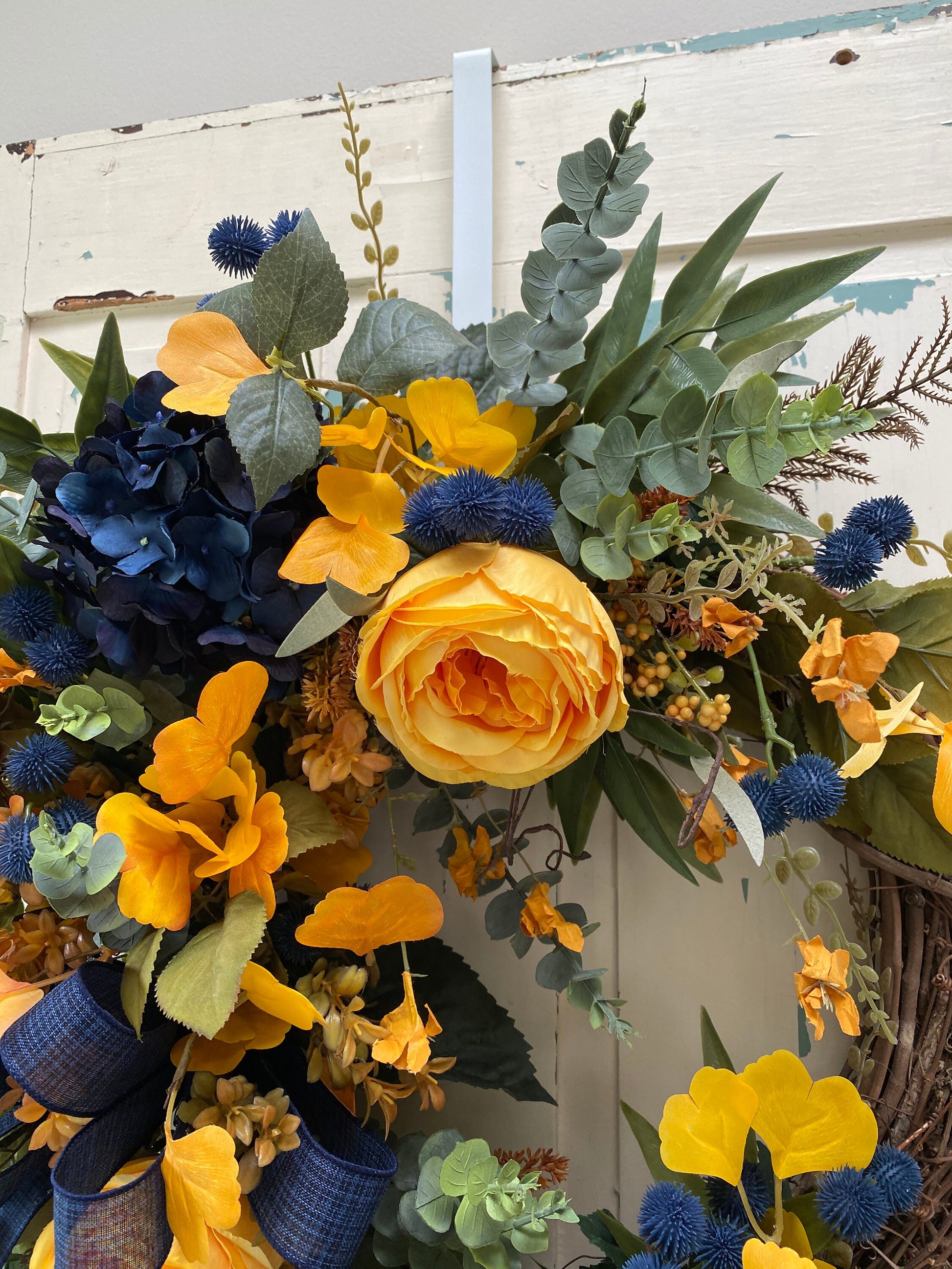 Fall Floral Wreath with Navy Blue and Golden Autumn Colors for Front Door, Navy Blue Hygrangea Wreath for Michigan Sports Lover