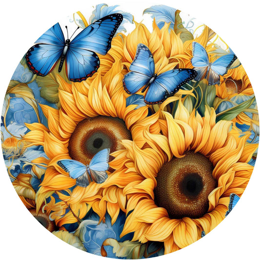 Sunflower and Blue Butterflies Wreath Sign, Summer Blue and Yellow Wreath Attachment