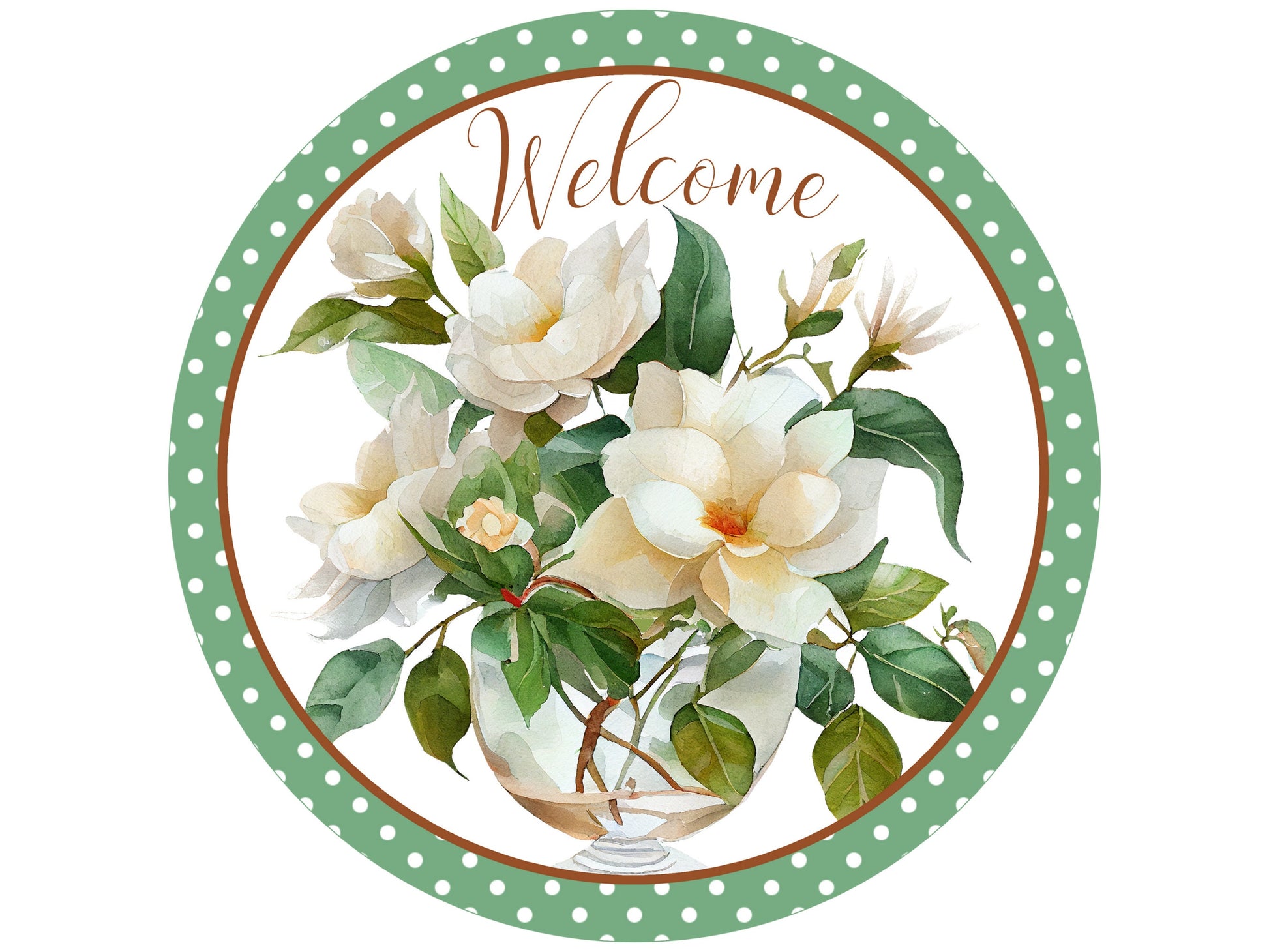 Welcome White floral wreath sign, Gardenia in vase spring summer wreath attachment, Welcome Round Door Sign
