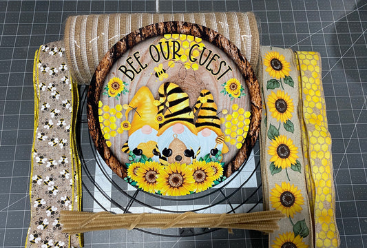Gnome Bee Sunflower welcome wreath kit, deco mesh DIY wreath kit, sign & ribbon kit, make your own wreath, Bee lover craft supplies