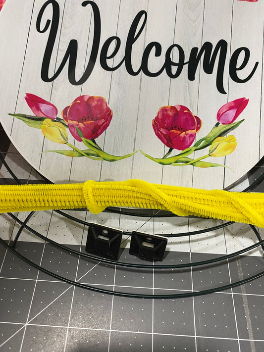 Spring Tulip Welcome Wreath Kit, mesh diy wreath kit, Pink Yellow tulips sign & ribbon kit, make your own wreath, craft supplies for wreath