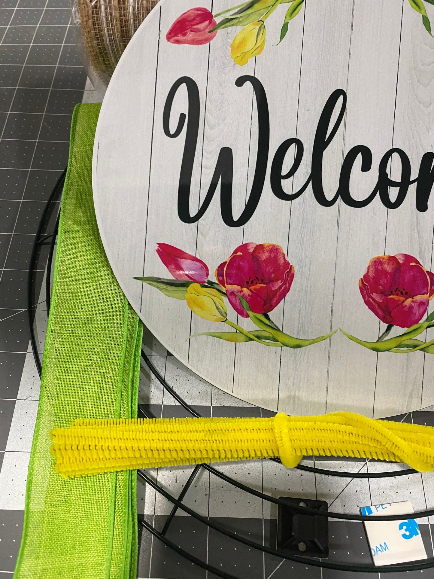 Spring Tulip Welcome Wreath Kit, mesh diy wreath kit, Pink Yellow tulips sign & ribbon kit, make your own wreath, craft supplies for wreath