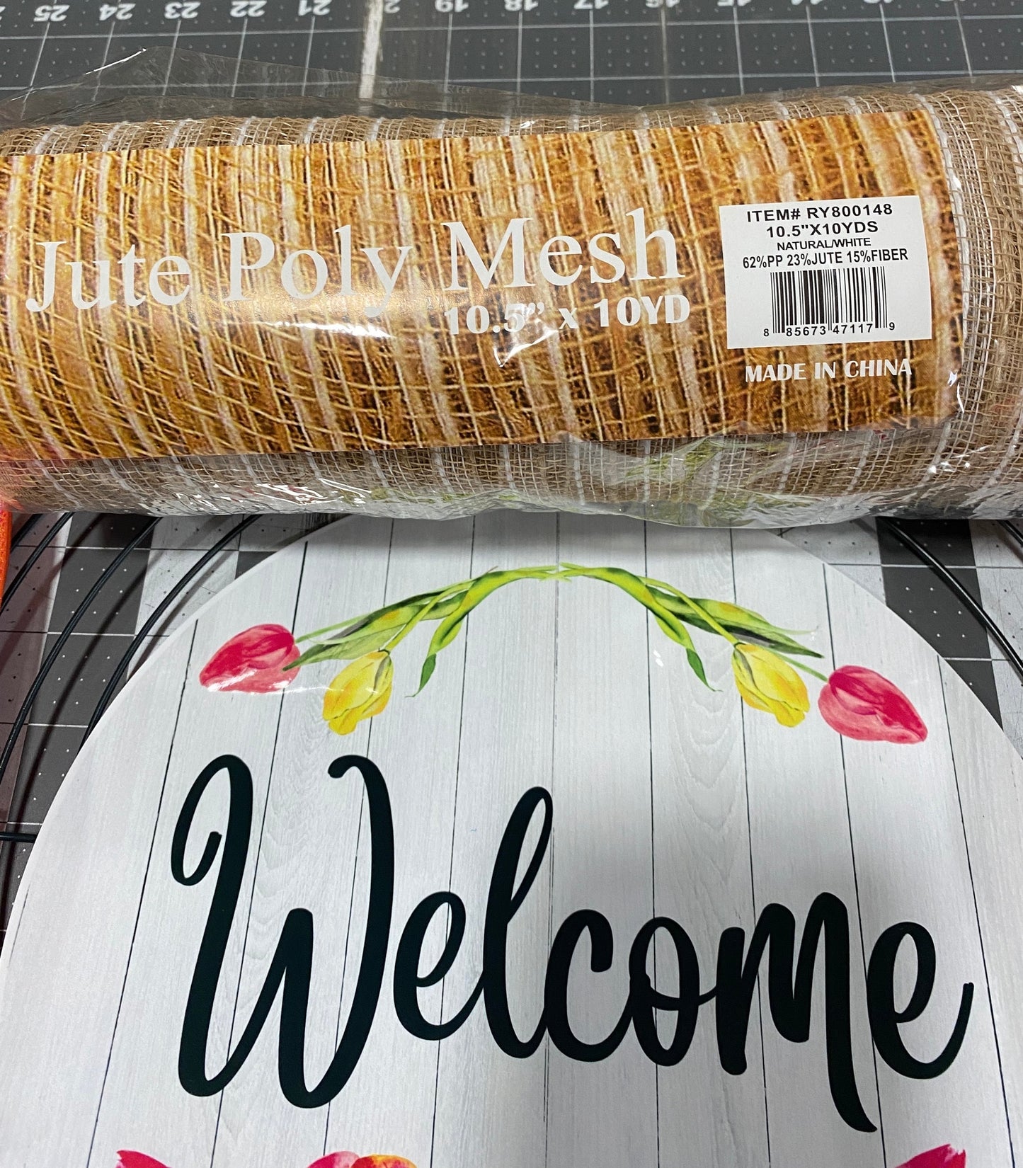 Spring Tulip Welcome Wreath Kit, mesh diy wreath kit, Pink Yellow tulips sign & ribbon kit, make your own wreath, craft supplies for wreath