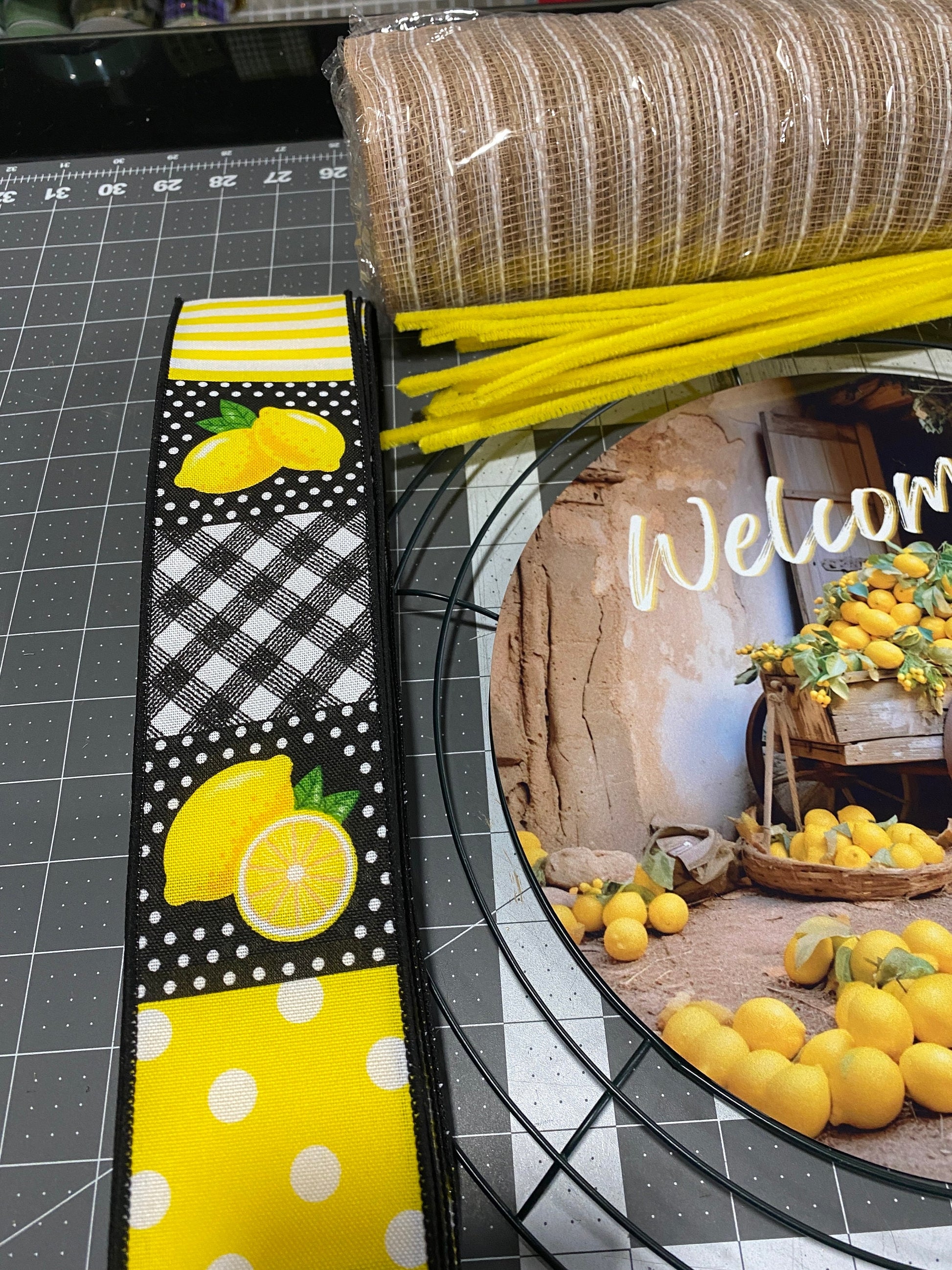 Lemon welcome wreath kit, deco mesh diy wreath kit, lemon sign & ribbon kit, make your own wreath, craft supplies for wreath and instruction