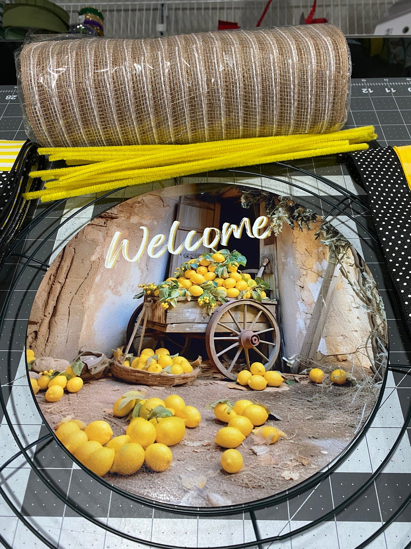Lemon welcome wreath kit, deco mesh diy wreath kit, lemon sign & ribbon kit, make your own wreath, craft supplies for wreath and instruction