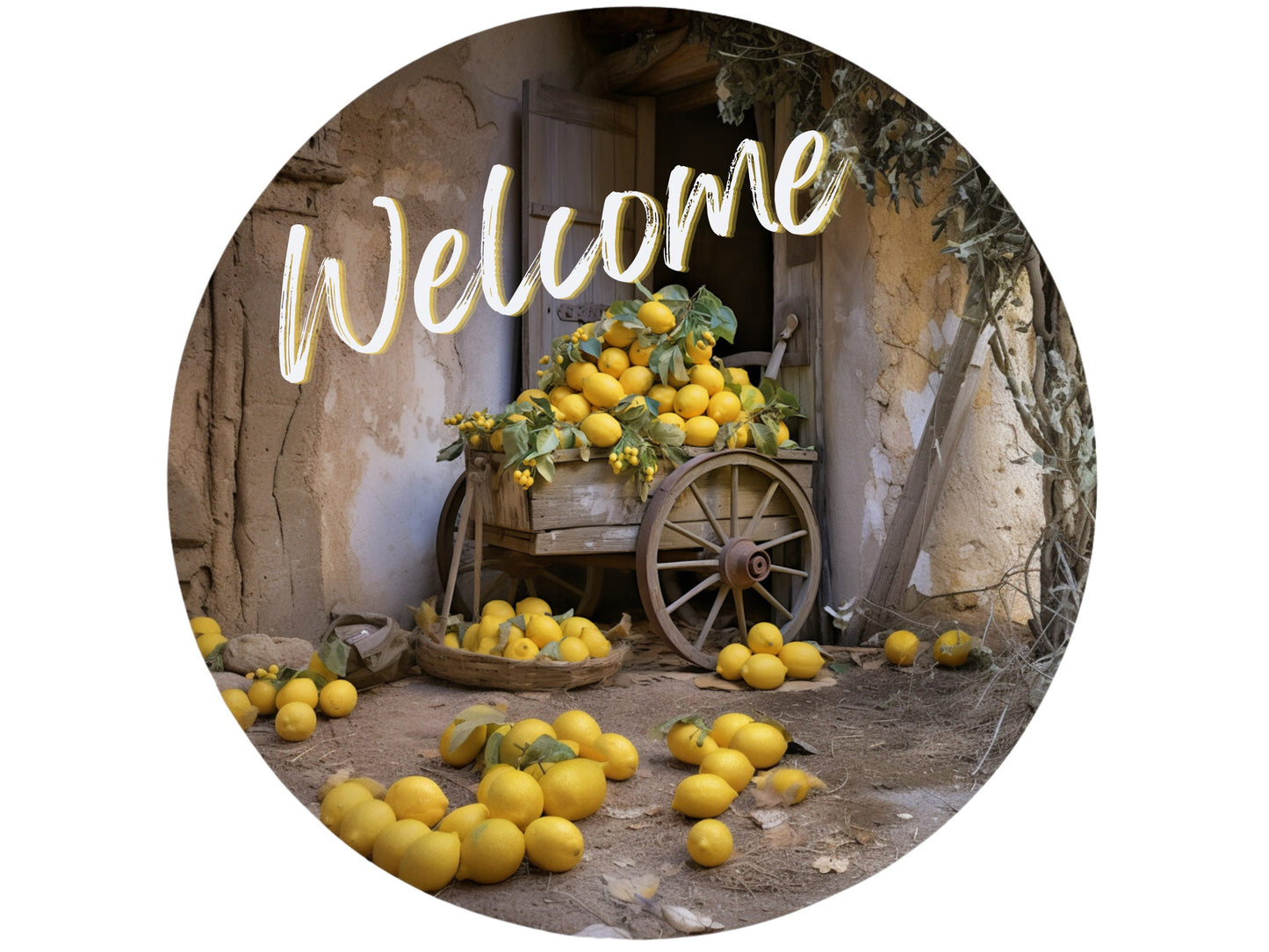Rustic Lemon Farmers Market Welcome Wreath Sign, lemon wreath attachment, summer lemon fruit decor, lemons in a cart rustic decor