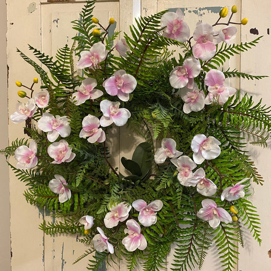 Year Round Orchid and Fern wreath, white and pink phalaenopsis large wreath, orchid wall hanging, Elegant orchid decoration