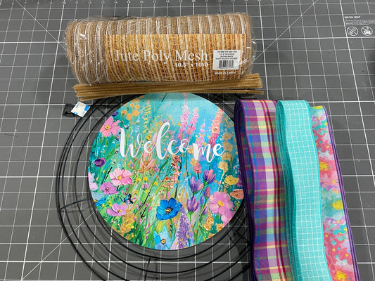 Summer Wildflower Floral welcome wreath kit, Bright colors mesh diy wreath kit, make your own wreath, craft supplies for wreath