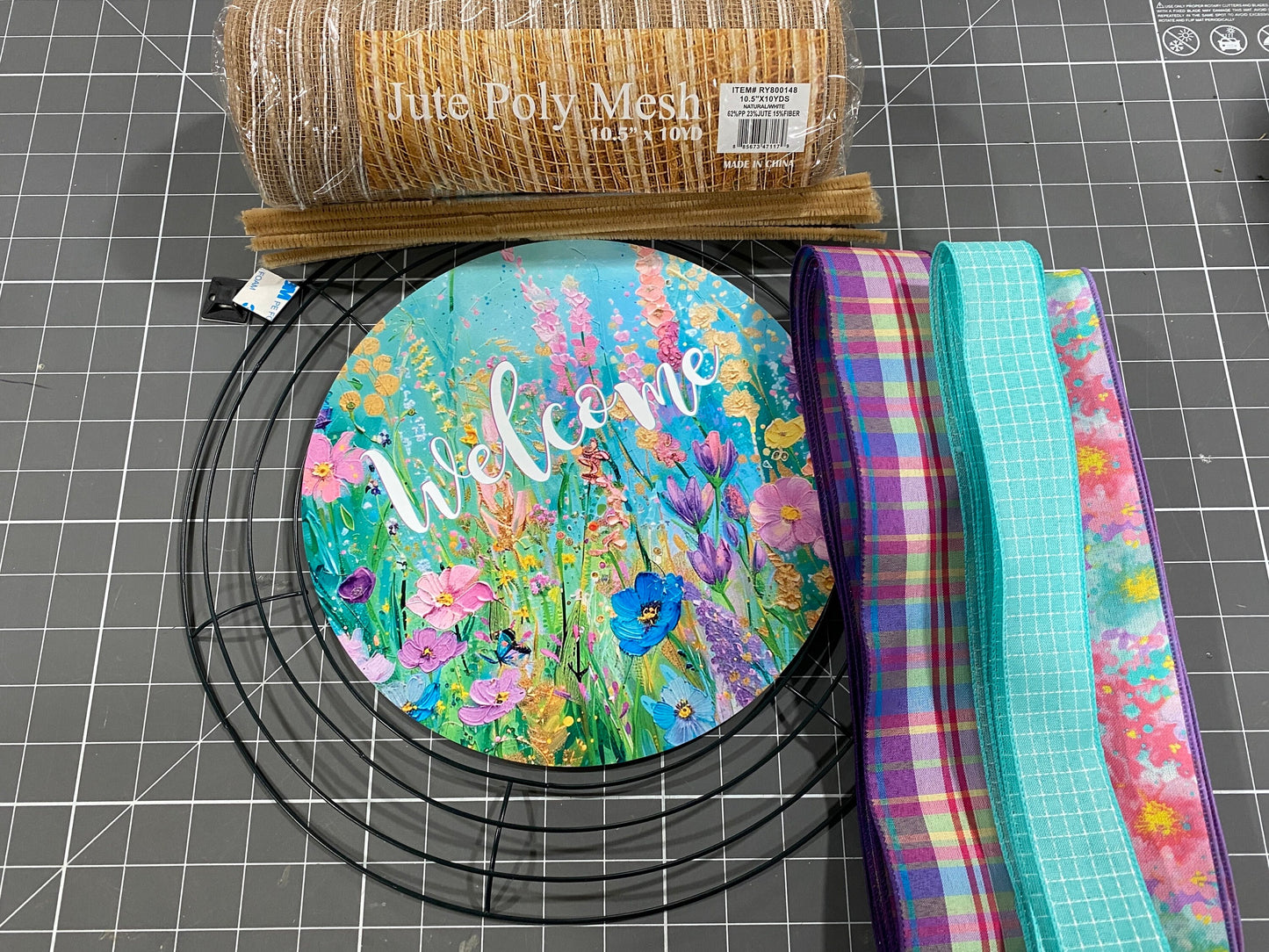 Summer Wildflower Floral welcome wreath kit, Bright colors mesh diy wreath kit, make your own wreath, craft supplies for wreath