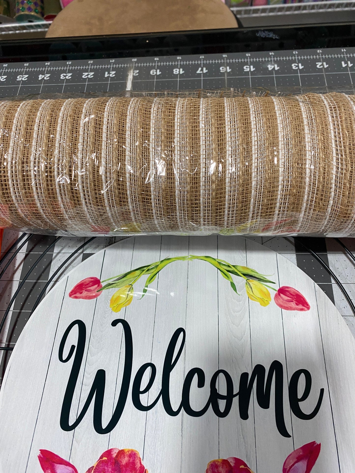 Spring Tulip Welcome Wreath Kit, mesh diy wreath kit, Pink Yellow tulips sign & ribbon kit, make your own wreath, craft supplies for wreath