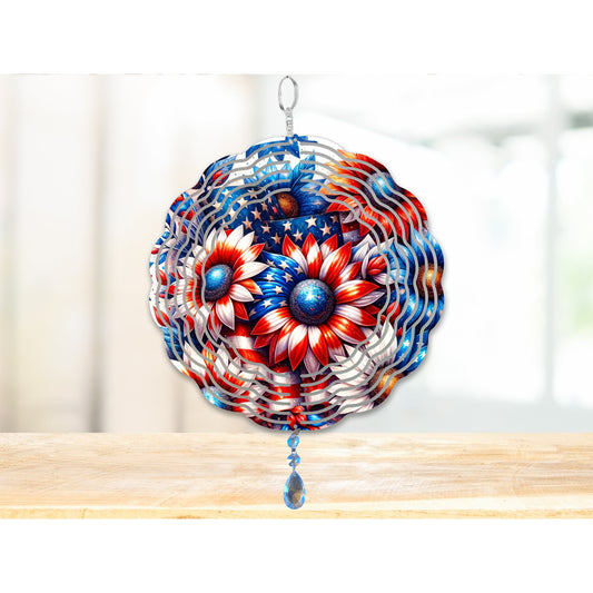 Patriotic Daisy Wind Spinner, Hanging Whimsical red white blue Daisies Wind Spinner, Patriotic Gifts, Yard Art Metal Sun Catcher