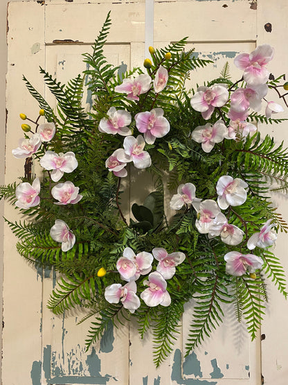 Year Round Orchid and Fern wreath, white and pink phalaenopsis large wreath, orchid wall hanging, Elegant orchid decoration