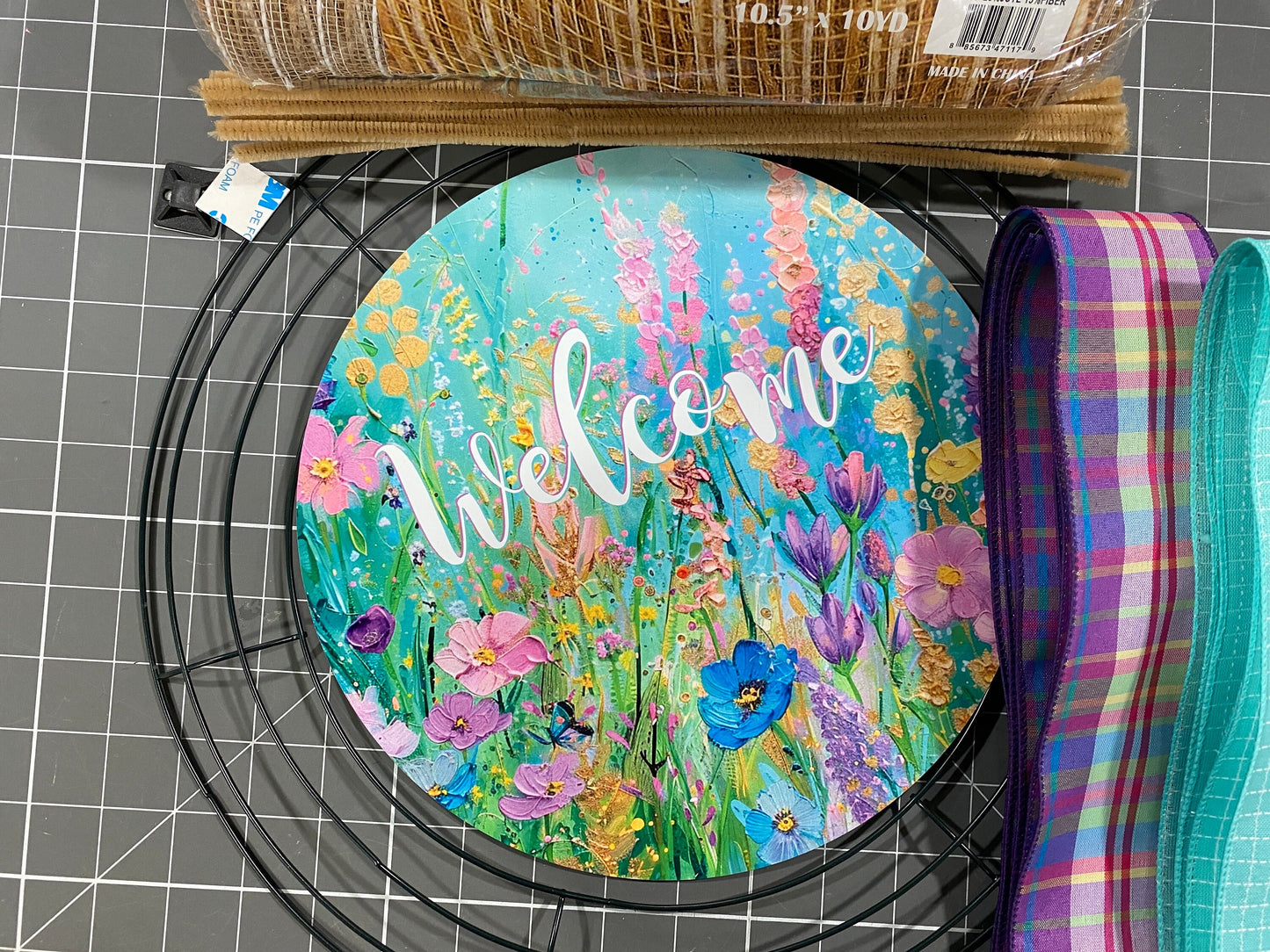 Summer Wildflower Floral welcome wreath kit, Bright colors mesh diy wreath kit, make your own wreath, craft supplies for wreath