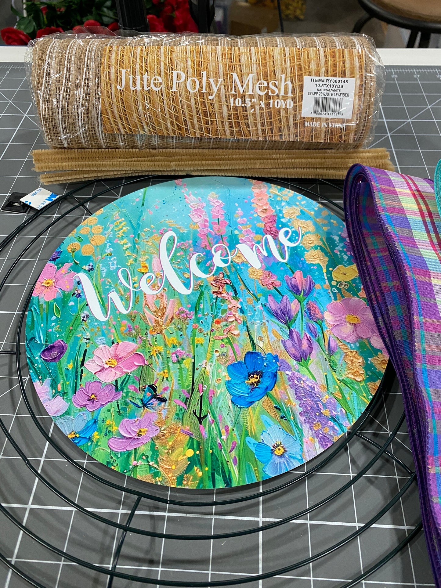 Summer Wildflower Floral welcome wreath kit, Bright colors mesh diy wreath kit, make your own wreath, craft supplies for wreath