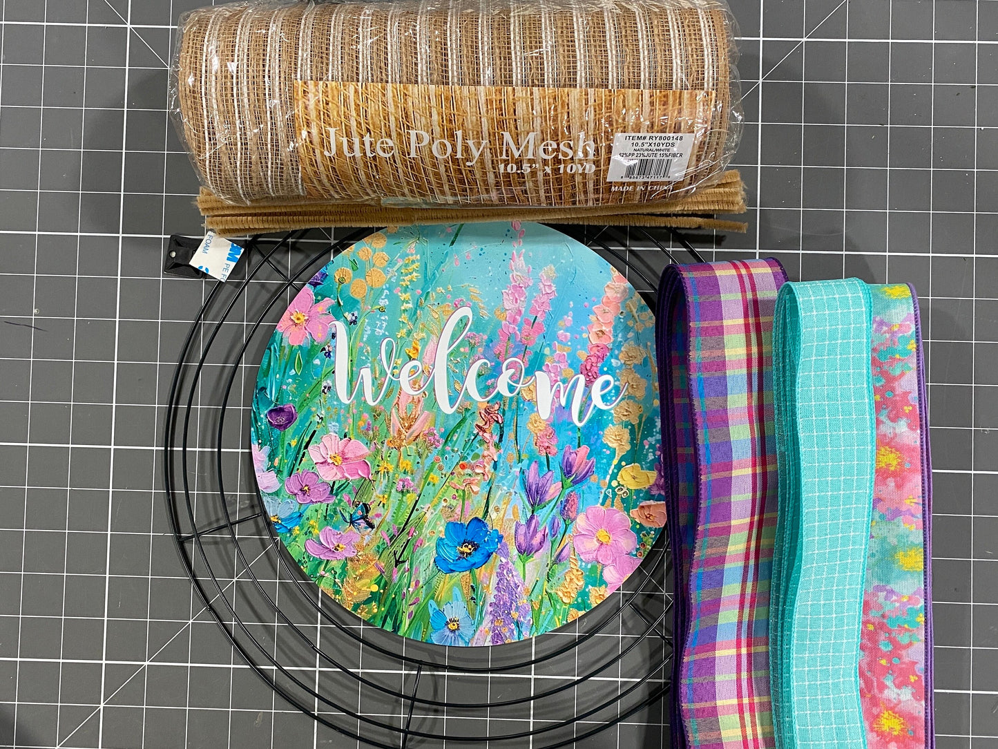 Summer Wildflower Floral welcome wreath kit, Bright colors mesh diy wreath kit, make your own wreath, craft supplies for wreath